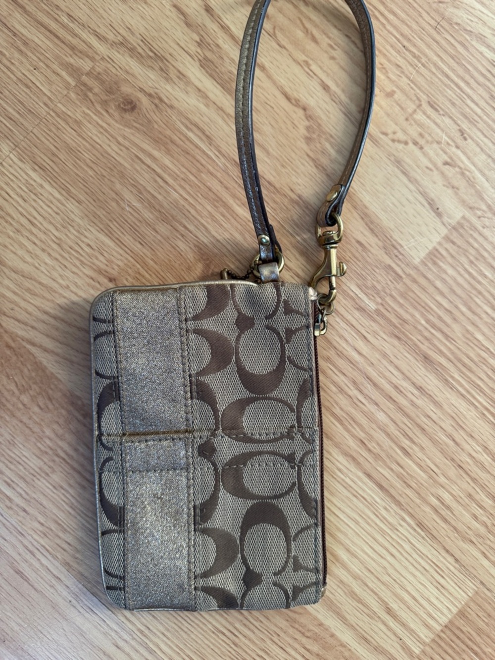 Coach Brown Signature Canvas Wristlet with Metallic Stripe
